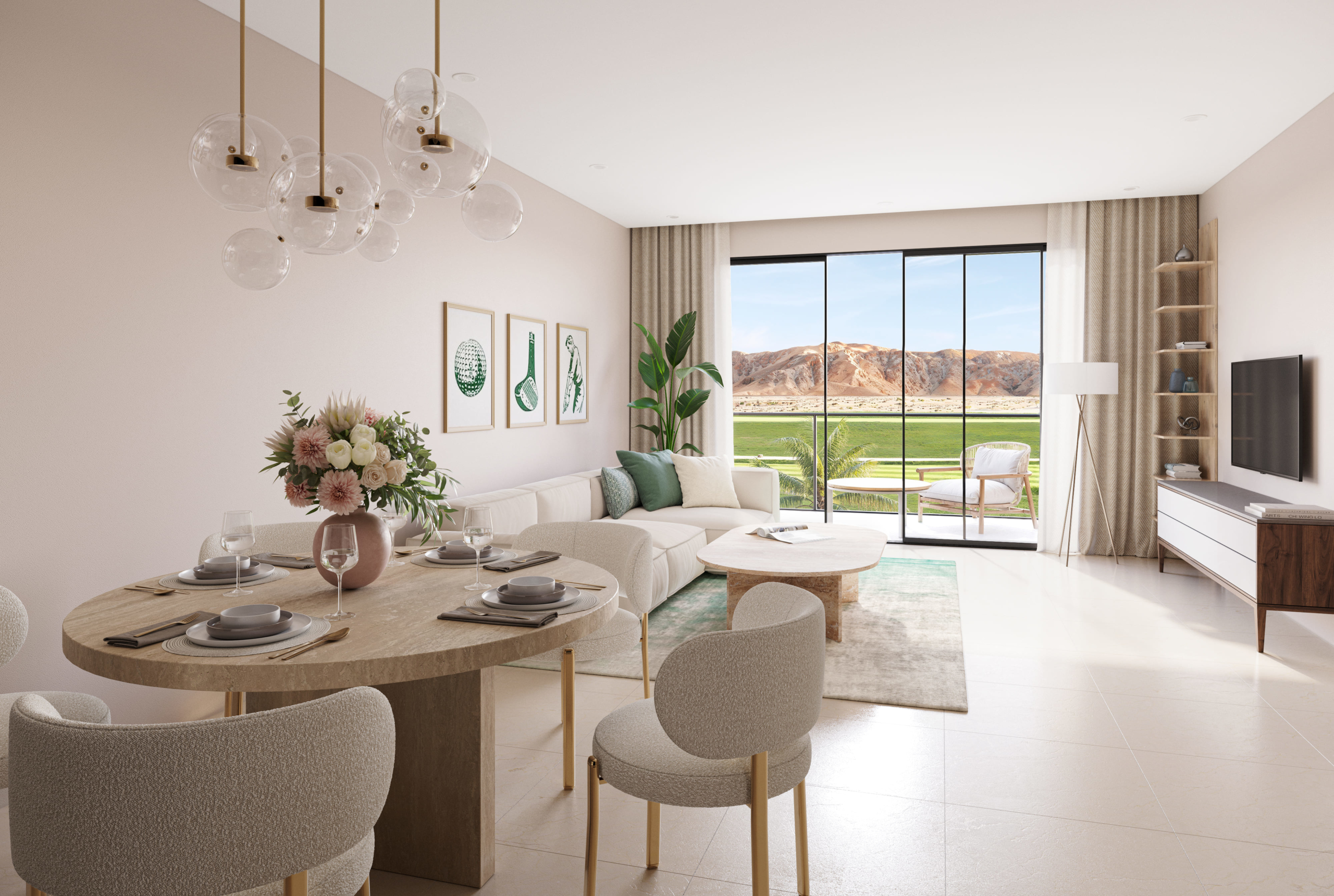 Solaris Jebel Sifah two bedroom apartment living room with golf view