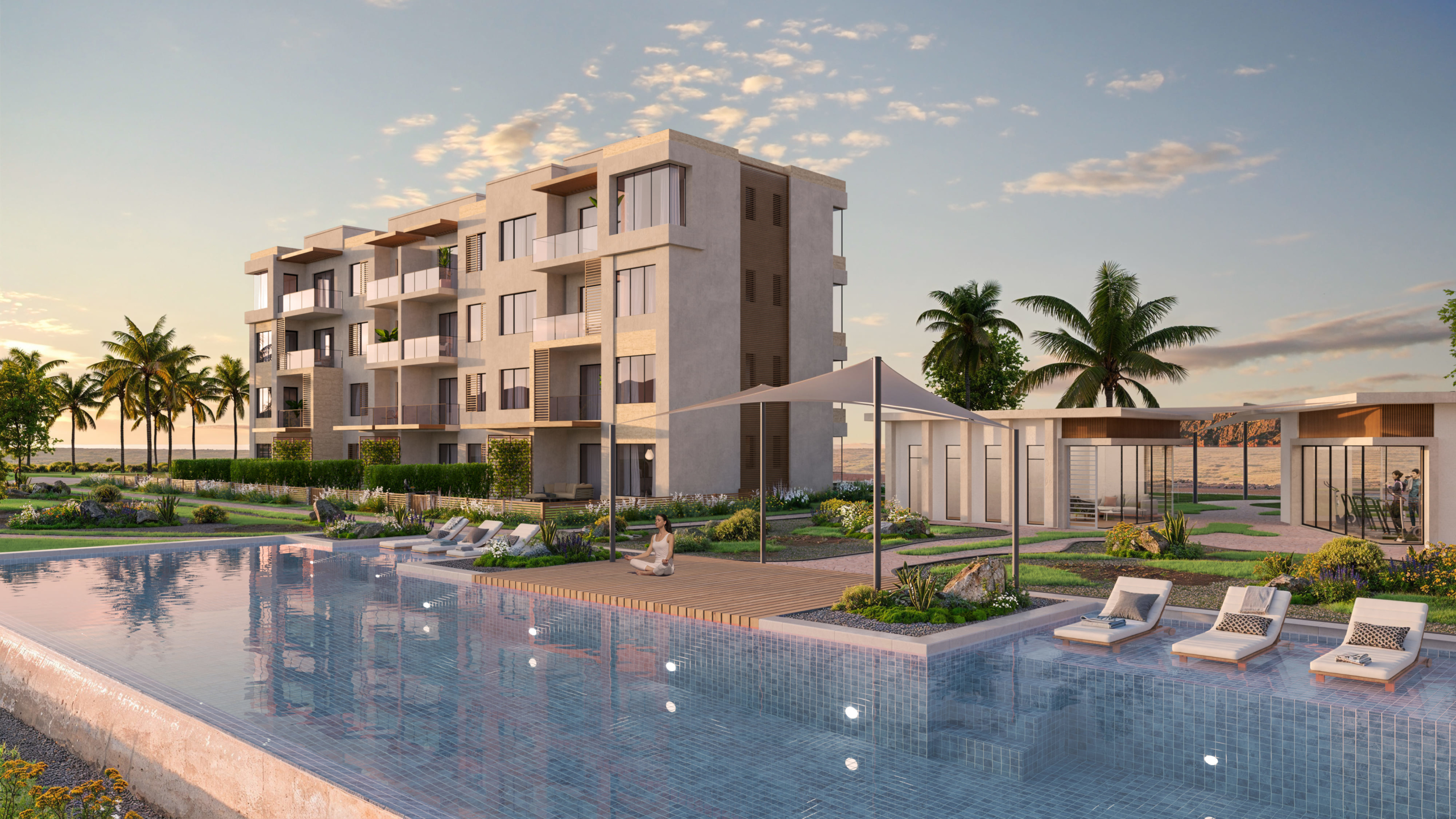 Solaris swimming pool and fitness amenities at Jebel Sifah