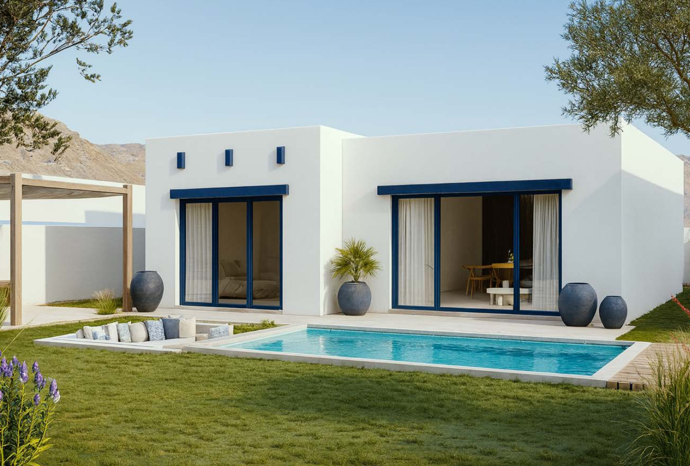 Two-bedroom farmhouse exterior at Olive Farms Oman