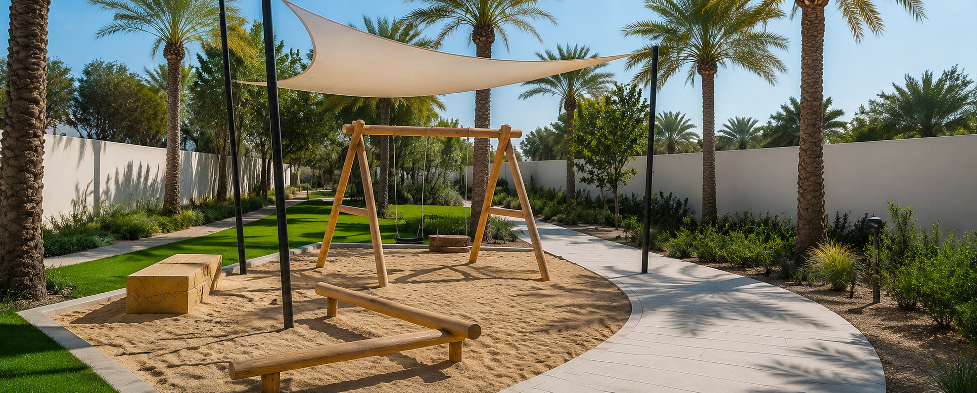 Landscaped pedestrian path at Olive Farms Jebel Sifah